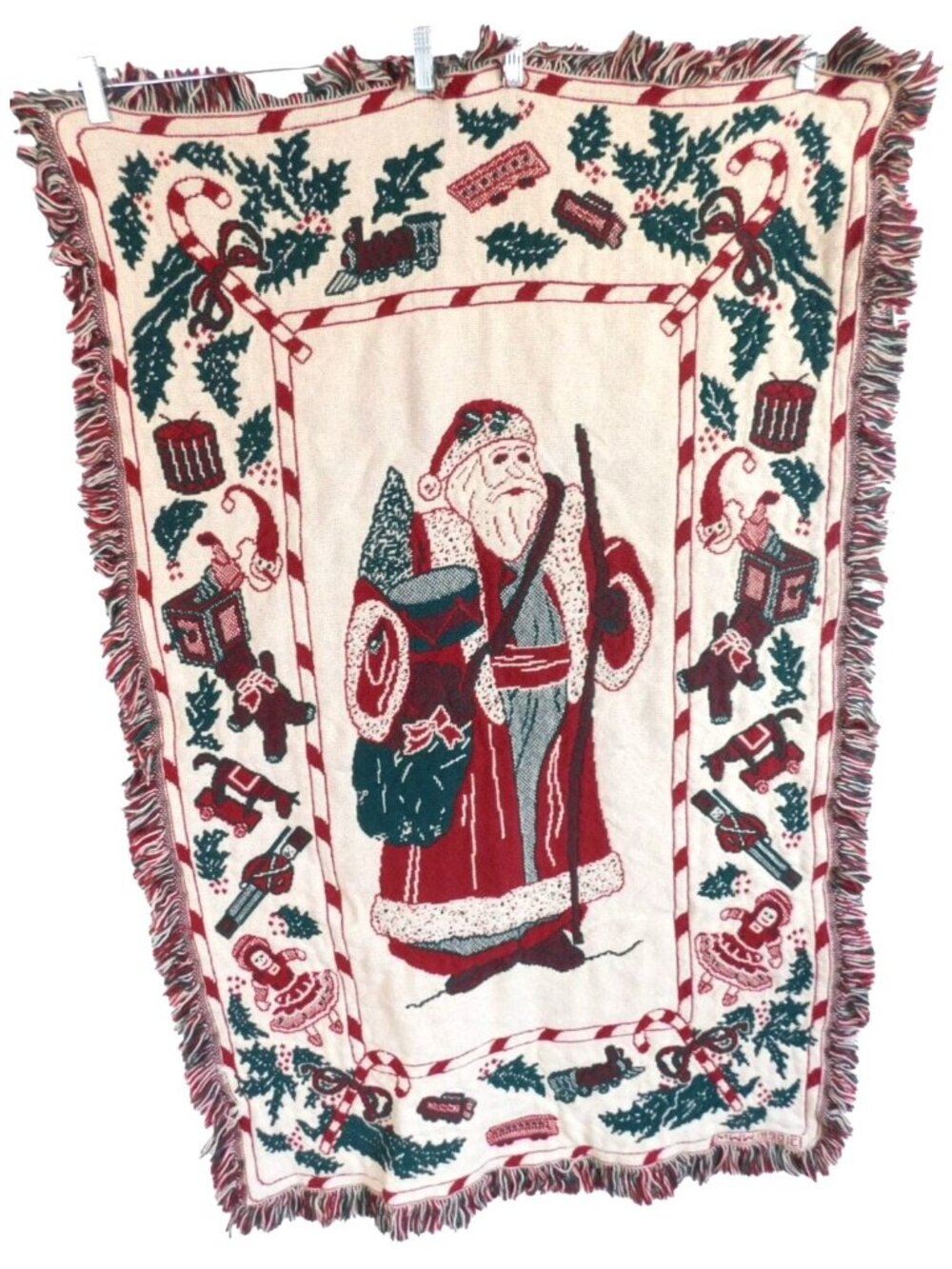 Vintage Santa Claus Woven Tapestry Throw Lap Blanket With Fringe 48"x30"